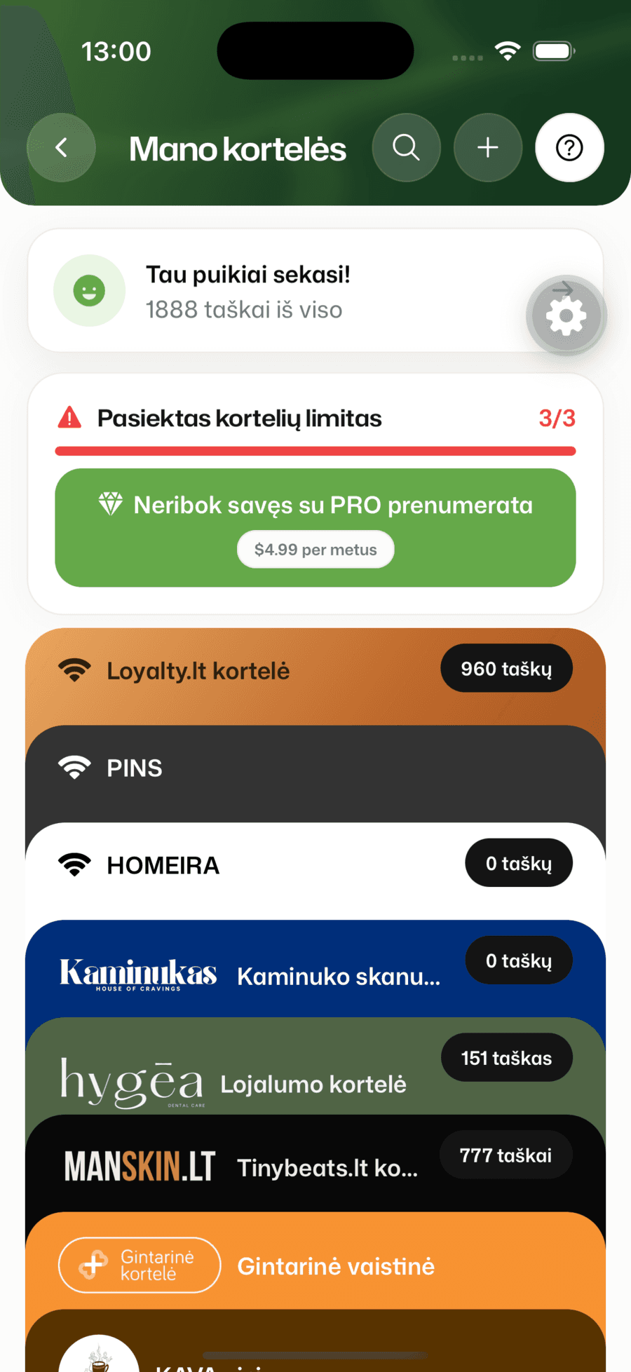 Loyalty.lt kortelių ekranas